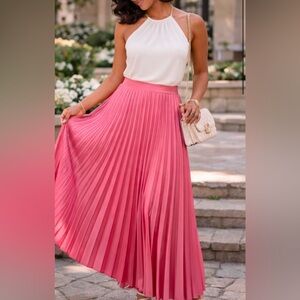 On 34th Pink Pleated Maxi Skirt XL | High Waist Full Length Flowing A-Line Skirt